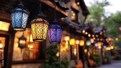 Three colorful lanterns illuminate a charming street at dusk. Warm, inviting ambiance.