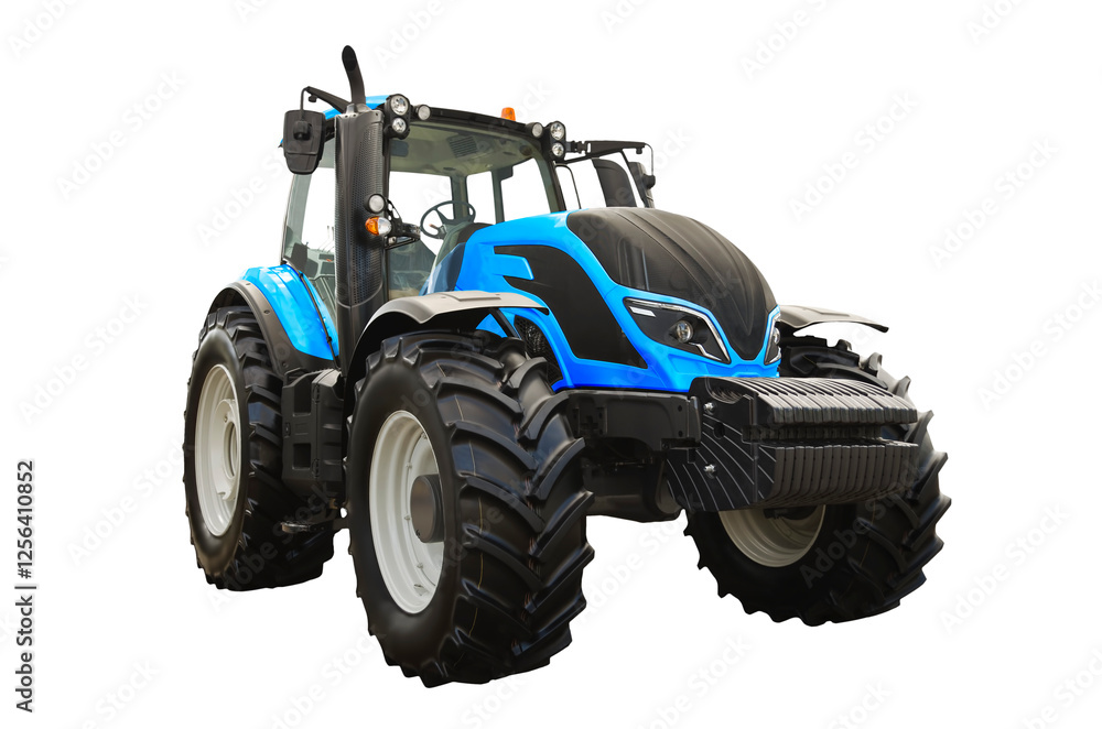 Obraz premium Modern blue agricultural tractor, front view