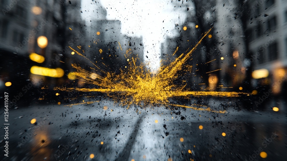 Golden explosion effect on a wet city street at night. Abstract urban art. Golden explosion effect on a wet city street at night. Abstract urban art.