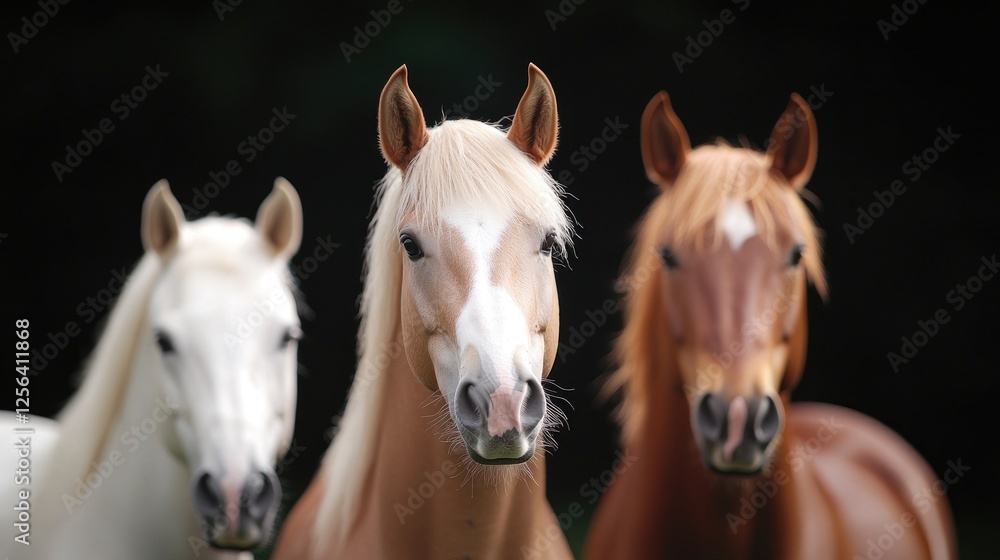 Obraz premium Three horses, dark background, pasture, portrait