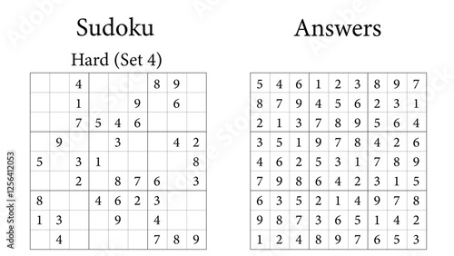 Sudoku Puzzle 9x9 Set 4 Hard with Answers, Fun Brain-Training Game for Kids, Teens and Adults, Vector