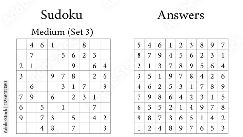 Sudoku Puzzle 9x9 Set 3 Medium with Answers, Fun Brain-Training Game for Kids, Teens and Adults, Vector