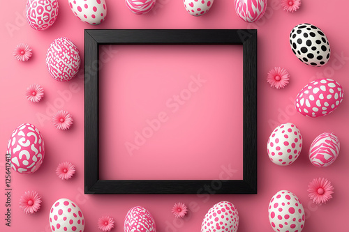 Easter greeting frame with pink and black geometric patterned eggs on pastel background, stylish festive decoration for modern spring holiday celebration and seasonal card template photo