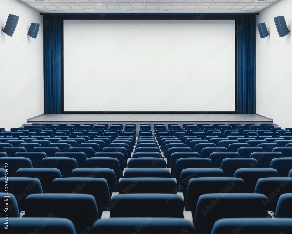 Fototapeta premium A modern, spacious theater interior featuring rows of blue seats and a large, blank screen ready for a cinematic experience.