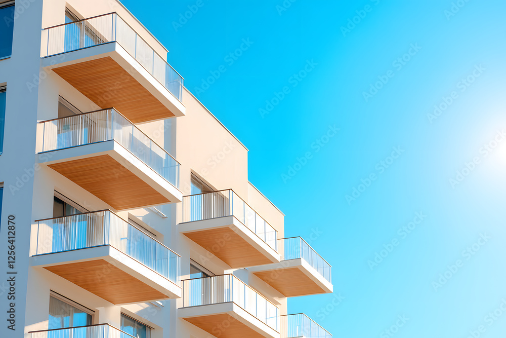 Apartment building featuring a modern architectural design with protruding balconies, set against a bright blue sky. Clean lines and a minimalist aesthetic. Apartment building featuring a modern architectural design with protruding balconies, set against a bright blue sky. Clean lines and a minimalist aesthetic.