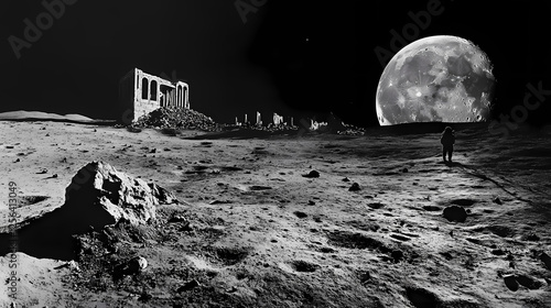 Earthrise view from moon's surface, showing a desolate lunar landscape with a distant, partially ruined structure. Lunar Ruins. Illustration photo