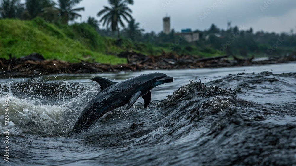 Obraz premium Dolphin leaping playfully in river water near a shoreline