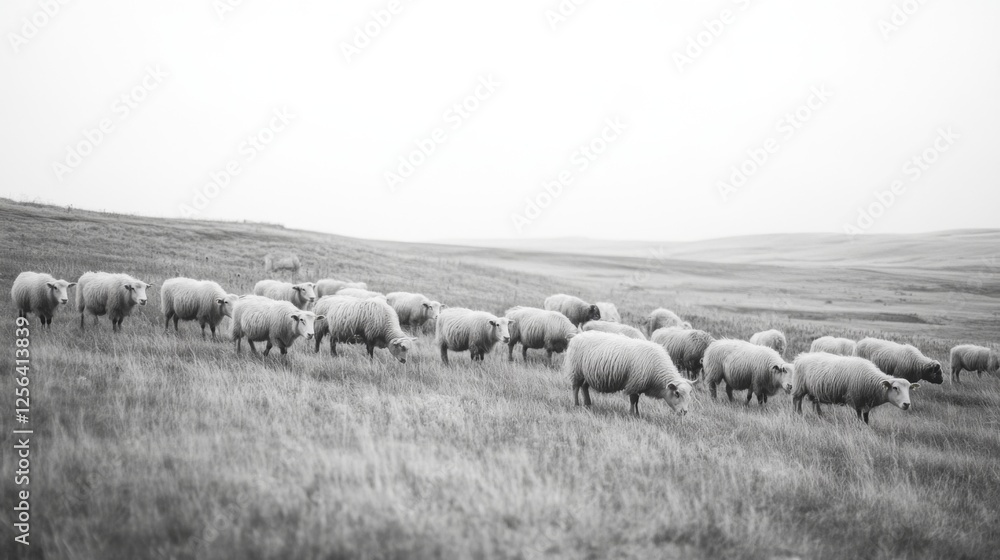 Fototapeta premium Sheep grazing on grassy hillside, calm landscape, pastoral scene, nature photography
