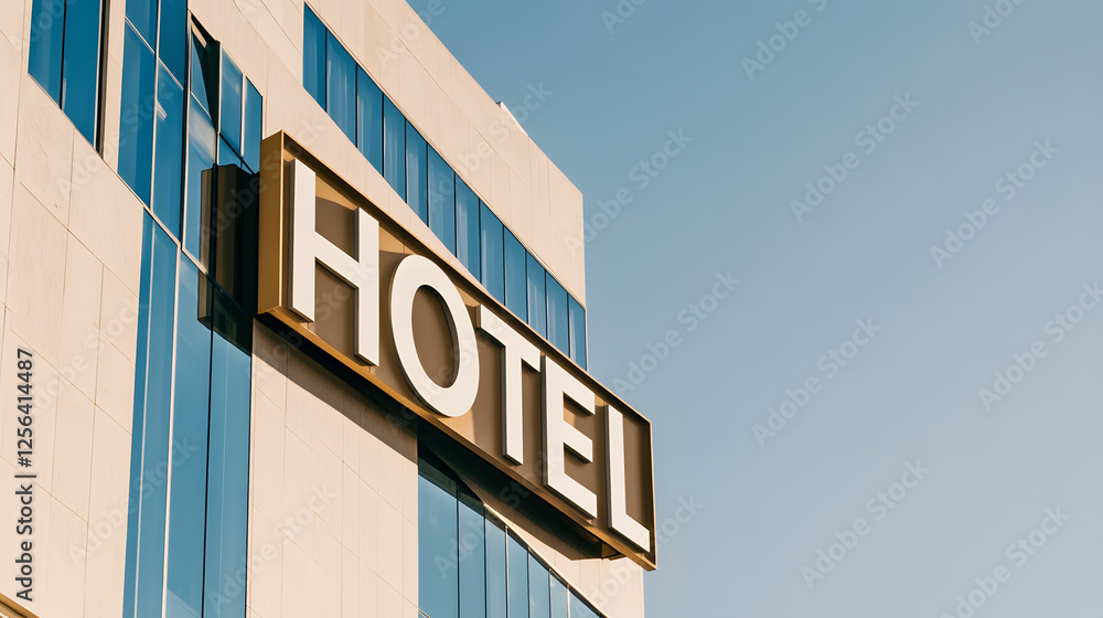 Fototapeta premium Low angle shot of a hotel building with a large, prominent sign. The clear sky background emphasizes the building's height and architectural features.