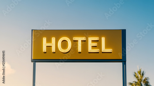 Illuminated 'HOTEL' sign against a serene sky, hinting at a roadside establishment promising rest and refuge for travelers on their journey. photo