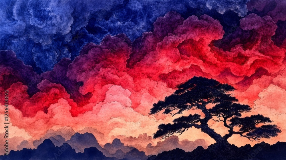 Serene silhouette of a tree against a vibrant, colorful sky. Shades of red, blue, and purple create a dramatic, dreamy atmosphere. Serene silhouette of a tree against a vibrant, colorful sky. Shades of red, blue, and purple create a dramatic, dreamy atmosphere.