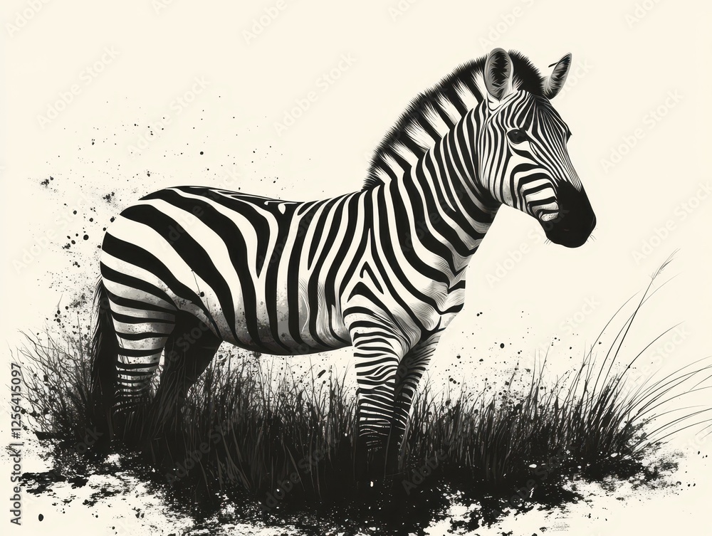 Fototapeta premium Majestic Zebra Standing in Black and White Amidst Tall Grass in a Striking Wildlife Portrait Capturing Natural Beauty and Elegance