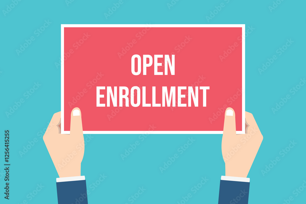 The human hand holds a open enrollment sign The human hand holds a open enrollment sign