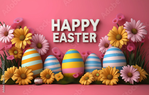 Happy Easter greeting with colorful striped eggs and vibrant spring flowers on pink background, festive holiday celebration design with cheerful typography and floral decoration photo