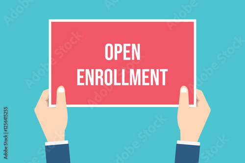 The human hand holds a open enrollment sign