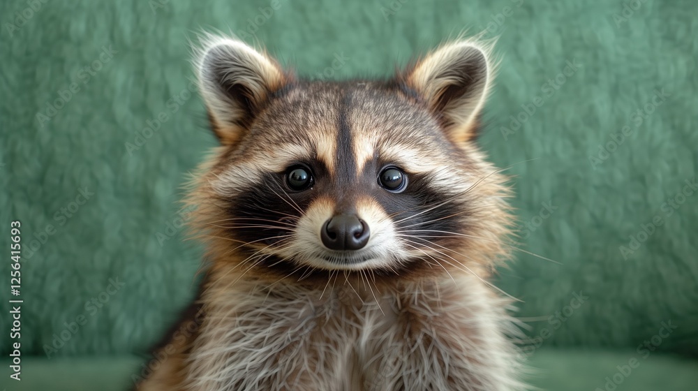 Fototapeta premium A closeup of a cute raccoon with big eyes and fluffy fur sitting on a green blanket