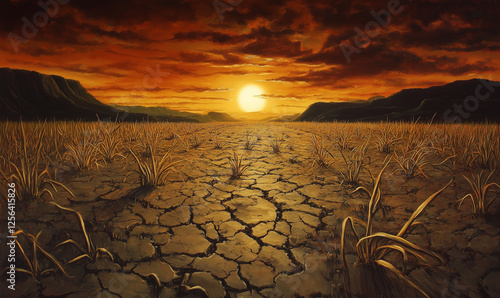 Barren field of crops with dried-out plants and cracked soil evokes dramatic environmental resilience challenges photo