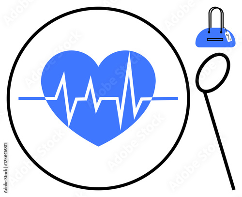 EKG heart in blue with heartbeat line inside circle, accompanied by wand and blue padded bag. Ideal for healthcare presentations, medical tools, rhythm monitoring, cardiology concepts, mobile health