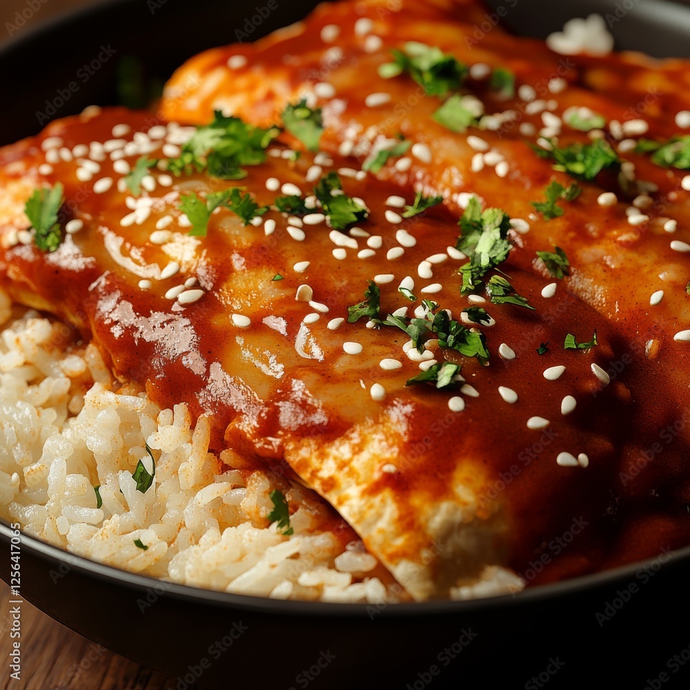 Close-up of a rice bowl with Mexican enchiladas and rice. Featuring a spicy and savory dish. Highlighting the texture and flavors of the enchiladas. Ideal for food and cultural themes. Close-up of a rice bowl with Mexican enchiladas and rice. Featuring a spicy and savory dish. Highlighting the texture and flavors of the enchiladas. Ideal for food and cultural themes.