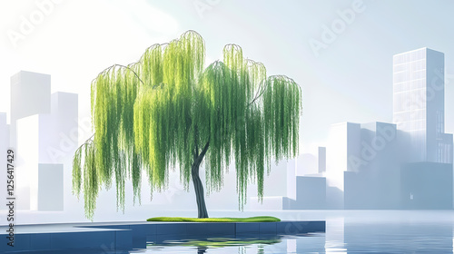 Minimalist urban architecture with weeping willow tree, modern sustainable city concept. Bio-Organic Cities. Illustration photo