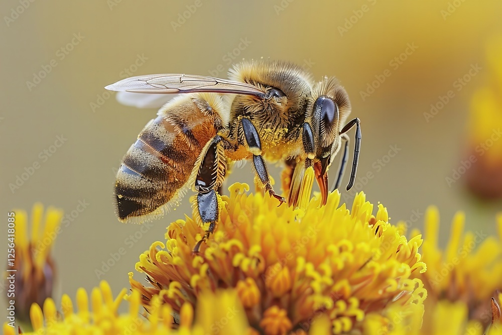Macro Shot of Bee Gathering Nectar from Yellow Flower in Sunlight Macro Shot of Bee Gathering Nectar from Yellow Flower in Sunlight