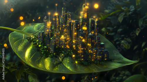 Skyscraper city on a giant leaf, organic structures, glowing lights, lush green surroundings, surreal. Bio-Organic Cities. Illustration photo