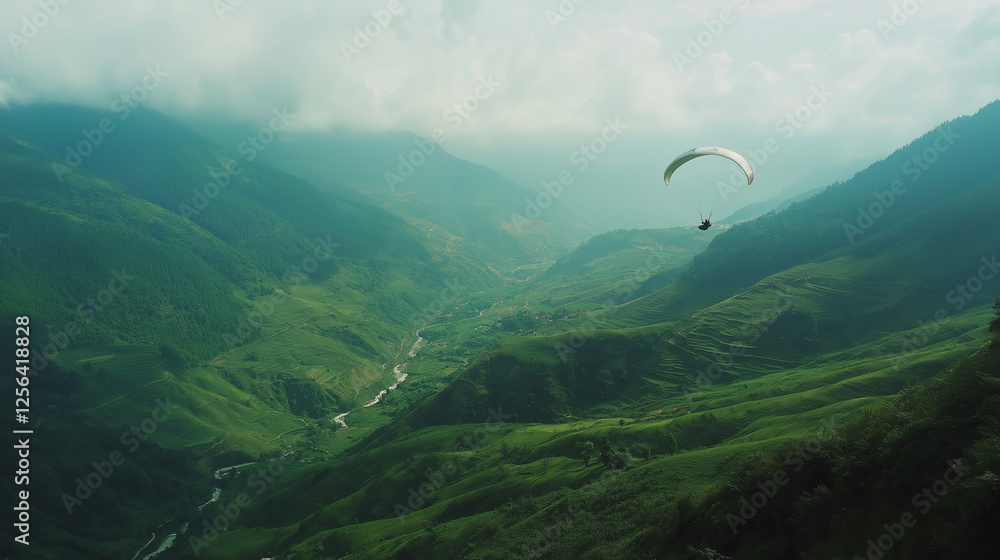 White paraglider floating above a breathtaking green landscape, merging aerial freedom with serene natural vistas White paraglider floating above a breathtaking green landscape, merging aerial freedom with serene natural vistas