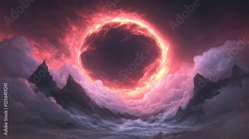 Fiery Ring Encircles Mountains in a Dreamlike Landscape.  Crimson hues dominate this surreal scene. photo