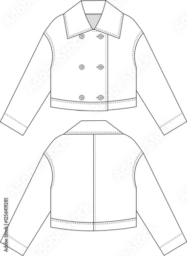 collared double breasted buttoned drop shoulder long sleeve fit short pea jacket coat template technical drawing flat sketch cad mockup fashion woman design style model 
