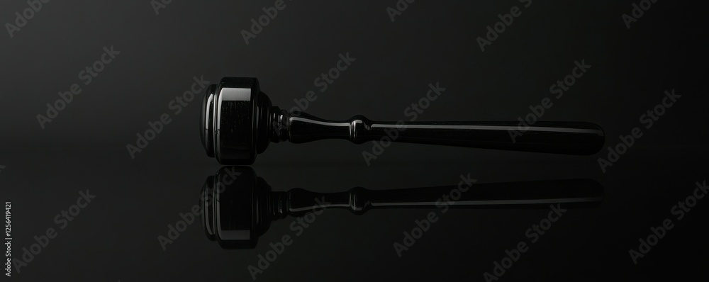 Black gavel on reflective surface with dark background Black gavel on reflective surface with dark background