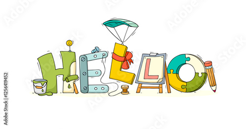 Cartoon word Hello. Doodle cute miniature scene of workers big letters. Hand drawn vector illustration for business and friendship design.