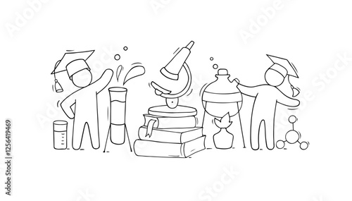 Science laboratory with chemistry equipment for tests and experiments. Medical, scientific or pharmacy lab with people, glass beakers, tubes and microscope, vector doodle illustration