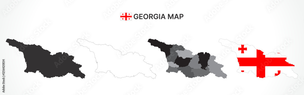 Fototapeta premium Detailed Georgia Map Collection with Outline, Silhouette, Regions, and Flag Overlay Variations