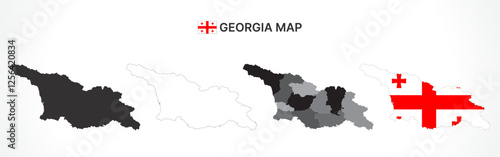 Detailed Georgia Map Collection with Outline, Silhouette, Regions, and Flag Overlay Variations