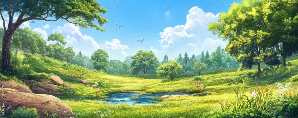 Obraz premium Serene summer landscape with lush meadow, trees, and clear blue sky