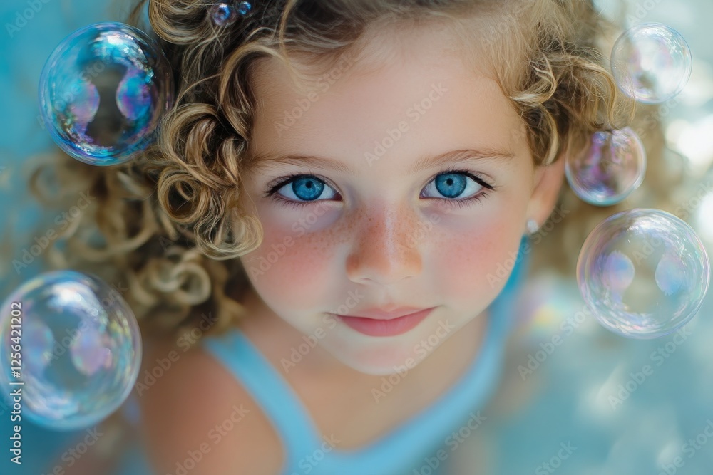 Captivating child gazes through bubbles in a refreshing pool during summer afternoons Captivating child gazes through bubbles in a refreshing pool during summer afternoons