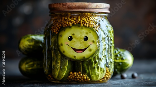 Pickled Cucumbers in Jar with Smiling Face Enjoying the Brine