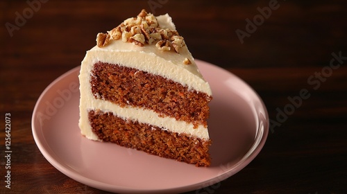 Wallpaper Mural  A white-frosted piece of carrot cake adorned with walnuts atop a pink plate, sitting on a wooden table Torontodigital.ca