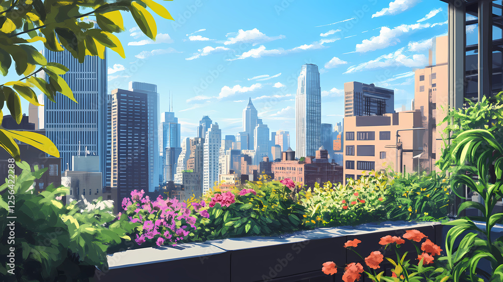 Fototapeta premium Urban rooftop garden with city view. Bio-Organic Cities. Illustration