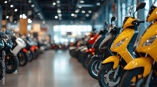 Row of colorful scooters in a showroom. Close-up on a yellow scooter in the foreground, with more scooters receding into the background. Indoor setting, bright lights. photo