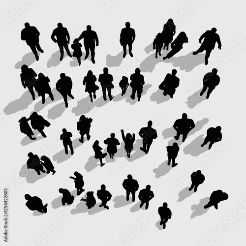 Silhouette of a crowd in different positions isolated on a white background. People walk together. View from above. Vector illustration.