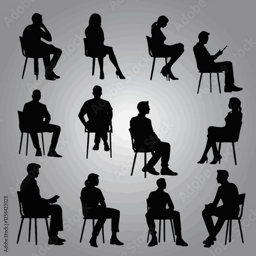 Set of people sitting silhouette illustration. Person pose while sitting down. Vector.