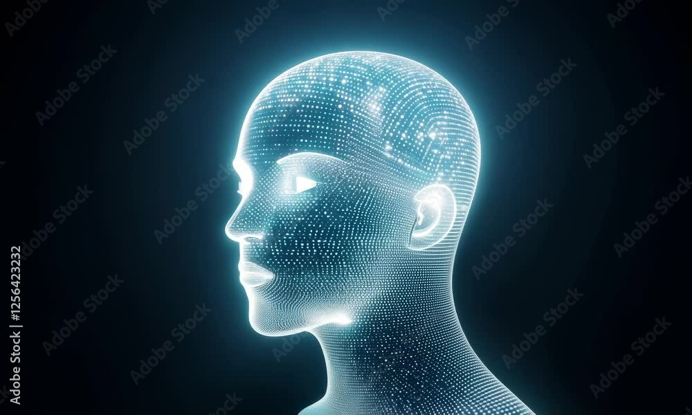 Abstract human face rotating, glowing on dark background Abstract human face rotating, glowing on dark background