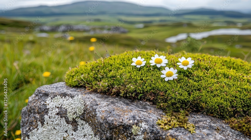 Obraz premium Three daisies on moss-covered rock, highland landscape