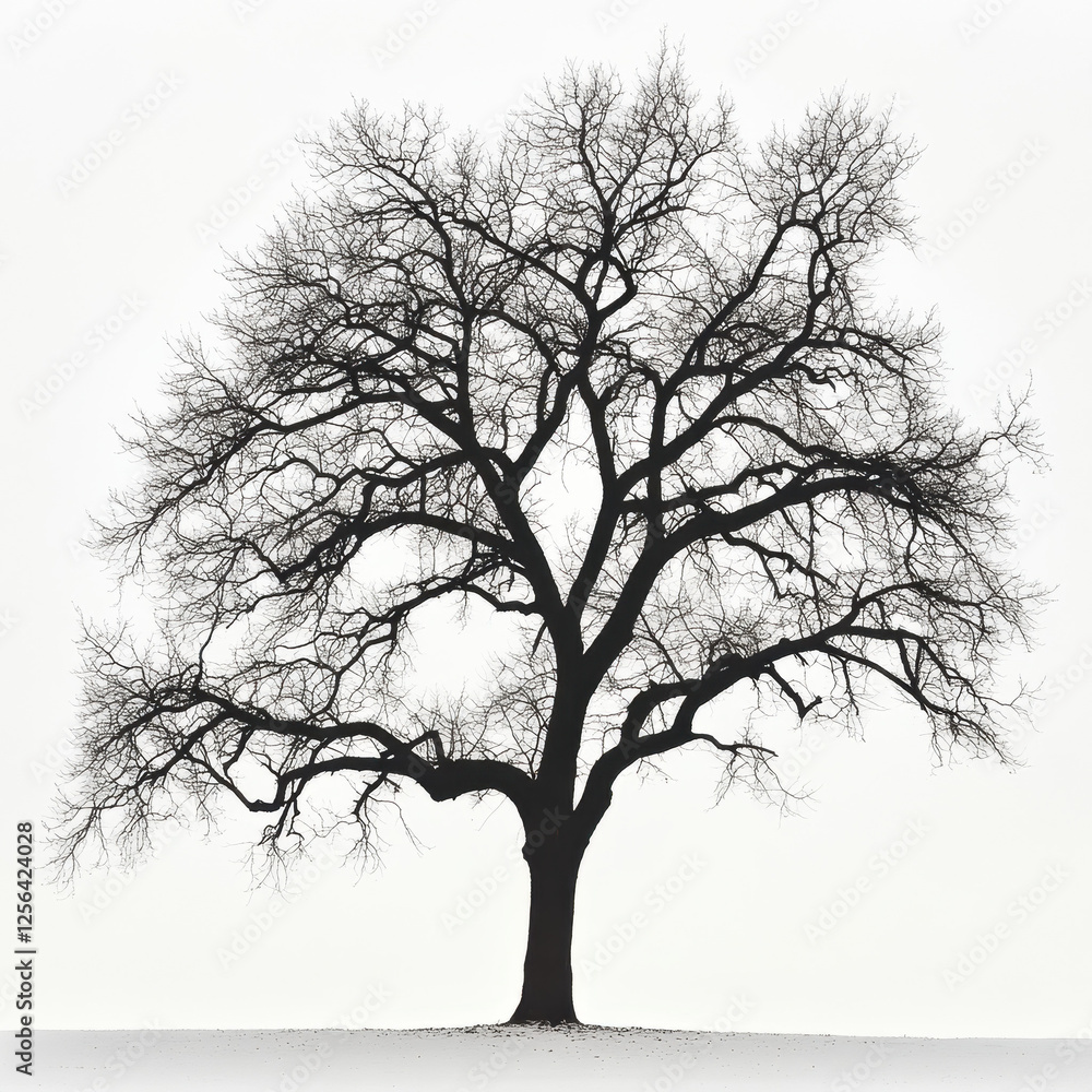 Silhouette of a bare tree against a stark white sky, showcasing intricate branches in a minimalist winter scene. Silhouette of a bare tree against a stark white sky, showcasing intricate branches in a minimalist winter scene.