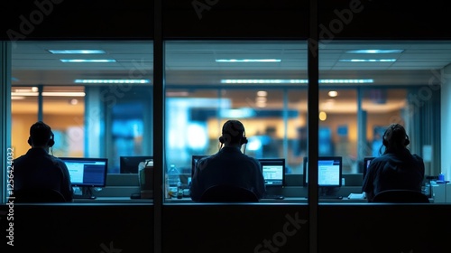 Call center operations at night office environment teamwork focus business setting urban viewpoint