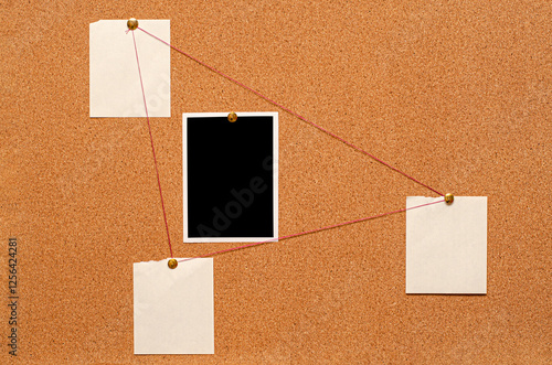 Blank paper notes and an empty photo are pinned to a cork board. The concept of detective investigation.