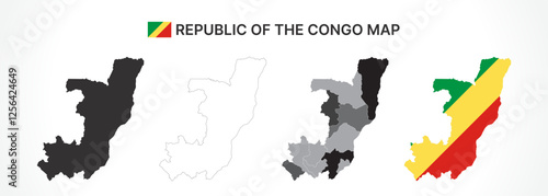 Detailed Republic of the Congo Map Collection with Outline, Silhouette, Departments, and Flag Overlay Variations