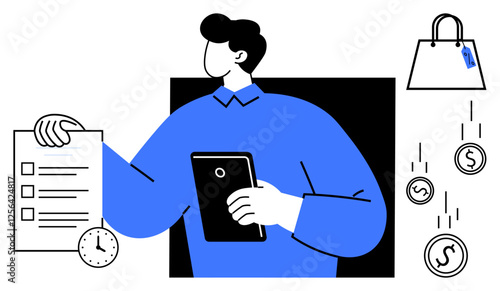 Person holding a checklist and tablet, surrounded by elements such as a shopping bag and falling coins. Ideal for budgeting, financial planning, online shopping, time management, productivity