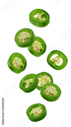 Bild auf Leinwand Falling Jalapeno Pepper slice, isolated on white background, full depth of field